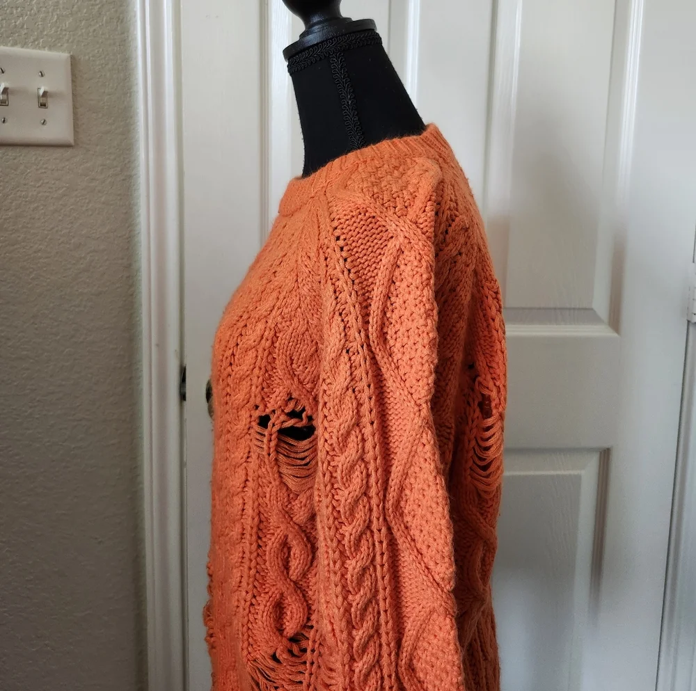 Boohoo Bright Orange Cable Knit Sweater Distressed Details S/M